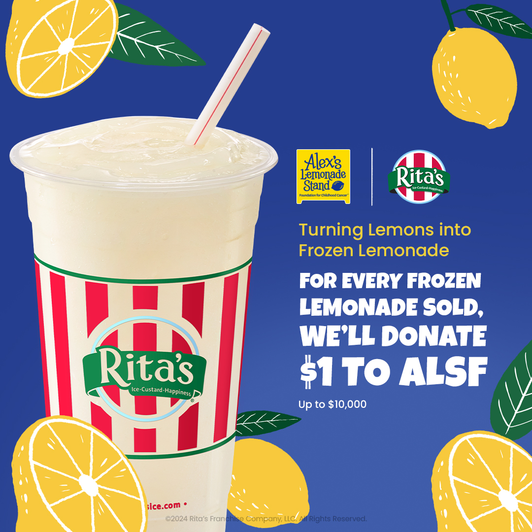 A sweet treat that makes a difference for kids with cancer? Sign us up!!!🙋‍♀️ Now through July 7th, for every frozen lemonade sold, our partner @RitasItalianIce will donate $1 to Alex’s Lemonade Stand Foundation, up to $10,000 🍋 Supporters can also donate with any treat purchased!
