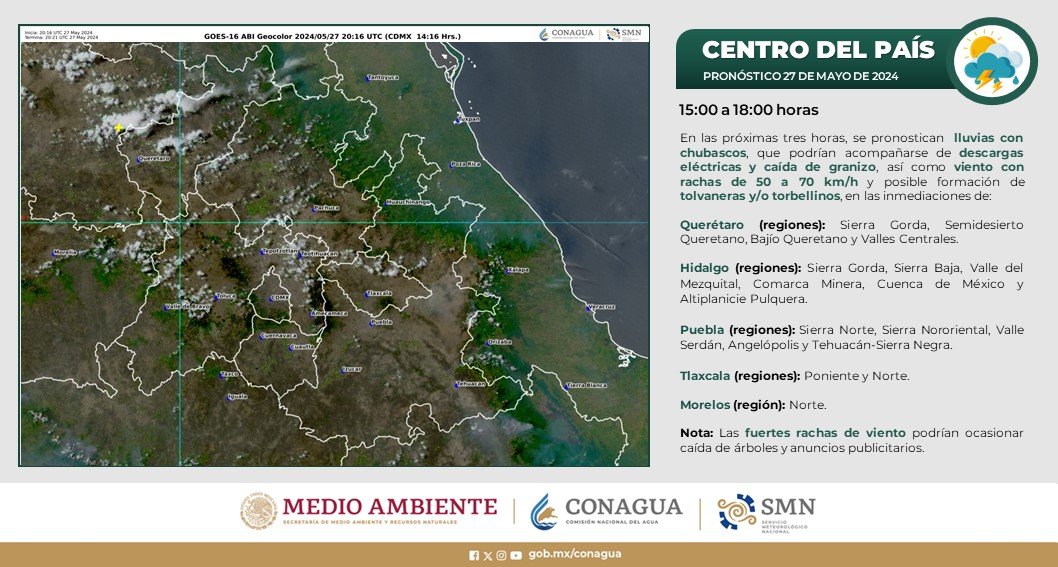 ⚠️ Para el centro de #México se prevén para las próximas horas #Lluvias con #Chubascos, caída de #Granizo, fuertes #Rachas de #Viento y #DescargasEléctricas. ¡Tómalo en cuenta!