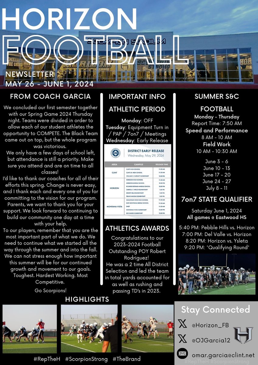 Football Program Newsletter, Week of May 26 - June 1, 2024.
#RepTheH
#ScorpionStrong 
#TheBrand