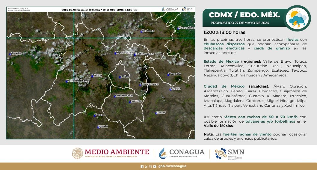 Para esta tarde, se esperan #Lluvias con #Chubacos dispersos, fuertes #Rachas de #Viento y caída de #Granizo en zonas del #EdoMéx y la #CDMX.