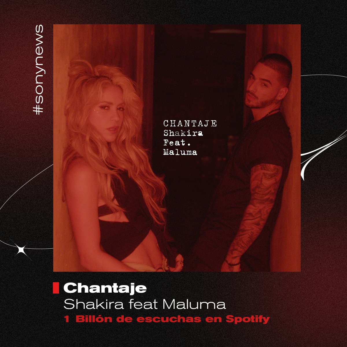 Chantaje sigue sonando fuerte 🔉🎶 Esto es increíble. La primera colaboración entre @shakira y @maluma lanzada en el 2016, ya suma 1 billón de escuchas en @spotify ✨