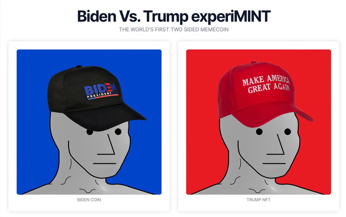 The ERC11 has so many possibilities, so we cooked up two proofs-of-concept.

The first experiMINT is a Biden v. Trump token. The ERC20 side is Biden and the ERC1155 is TRUMP. It’s a two-sided memecoin, just in time for the 2024 election.

Mint here: nonplayablecoin.io/biden-vs-trump

Note: