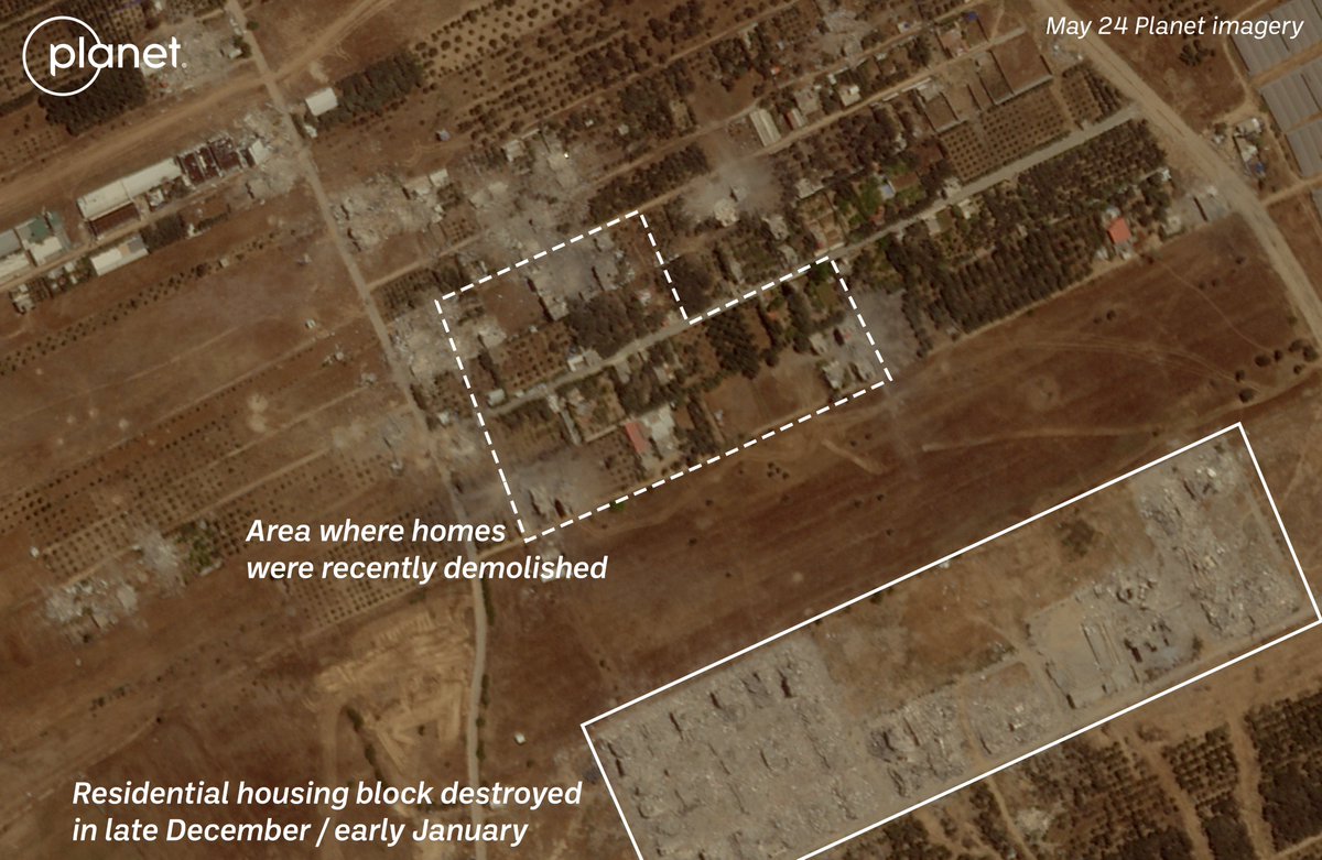 Looks like the home demolitions here have already been geolocated by @TwistyCB: x.com/TwistyCB/statu… The buildings were still standing in May 24 @planet SkySat imagery, so the IDF demolitions would have taken place in the past few days.