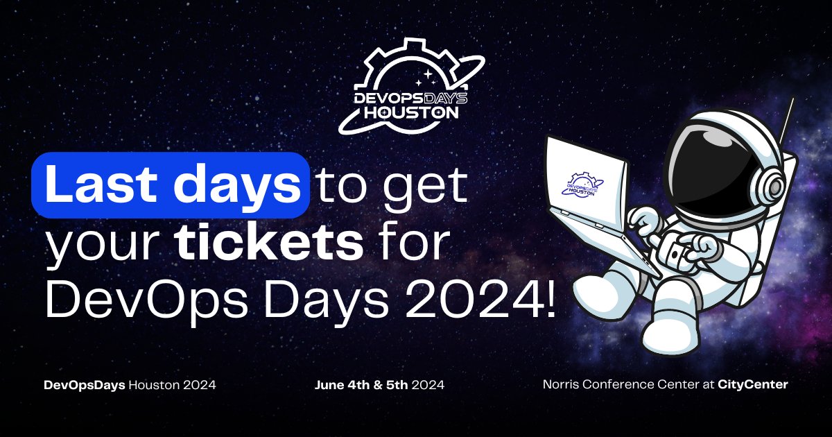 Join us at DevOps Days 2024 - your chance awaits! Tickets are flying off the shelves with just a few days left. Act now to secure your spot! Don't miss out; tickets.devopsdays.org/devopsdays-hou…

#DevOpsDays2024 #SecureYourSpot #GrabYourTickets #TechEvent