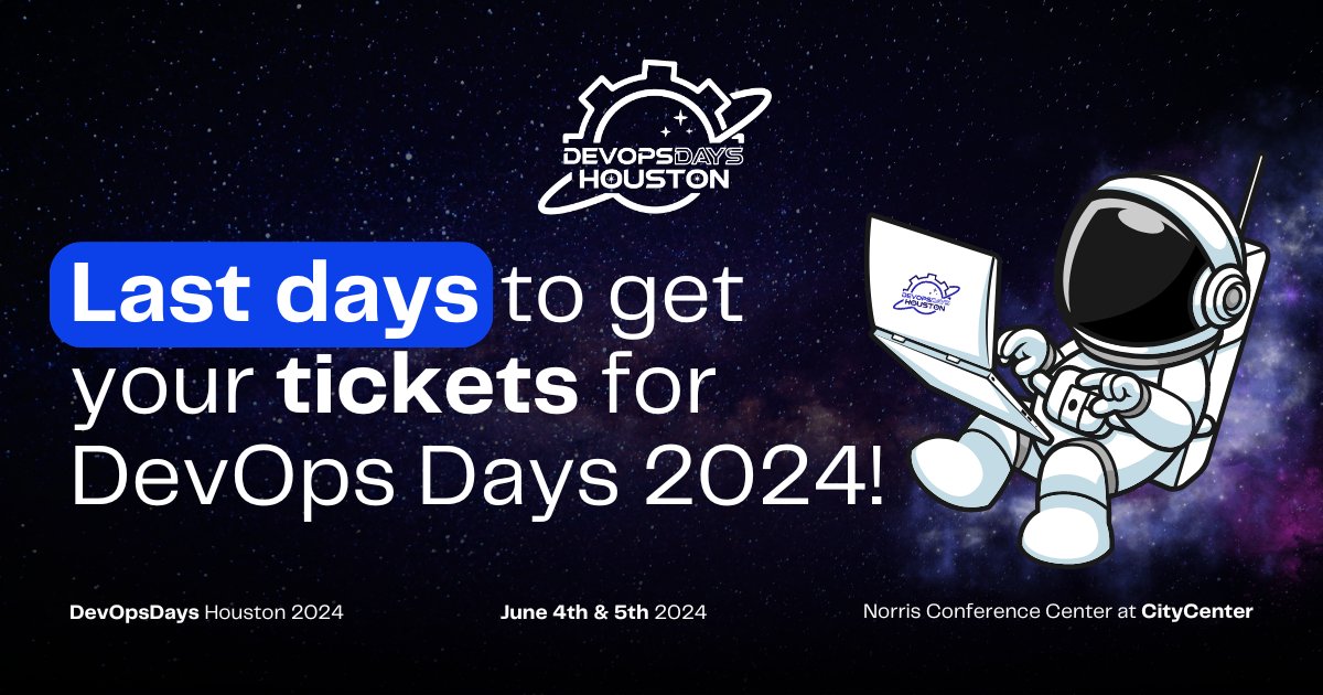 DevOpsDaysHTown's tweet image. Join us at DevOps Days 2024 - your chance awaits! Tickets are flying off the shelves with just a few days left. Act now to secure your spot! Don&apos;t miss out; tickets.devopsdays.org/devopsdays-hou…

#DevOpsDays2024 #SecureYourSpot #GrabYourTickets #TechEvent