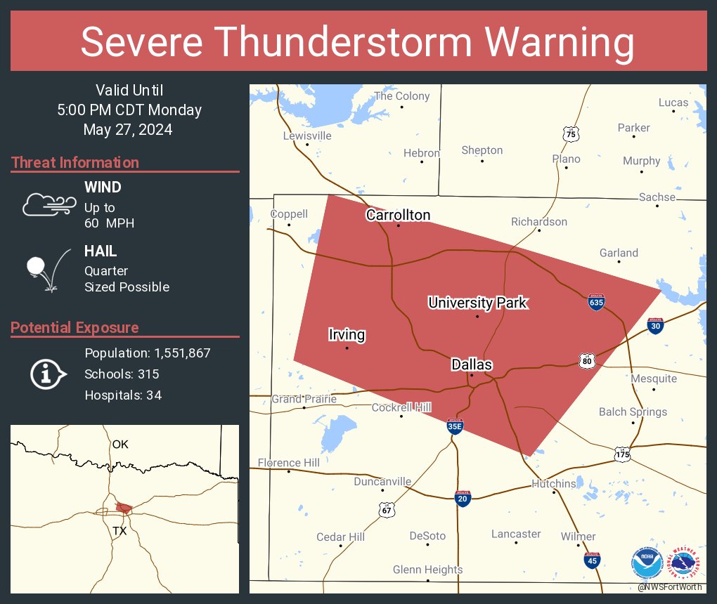 Severe Thunderstorm Warning including Dallas TX, Irving TX and Carrollton TX until 5:00 PM CDT