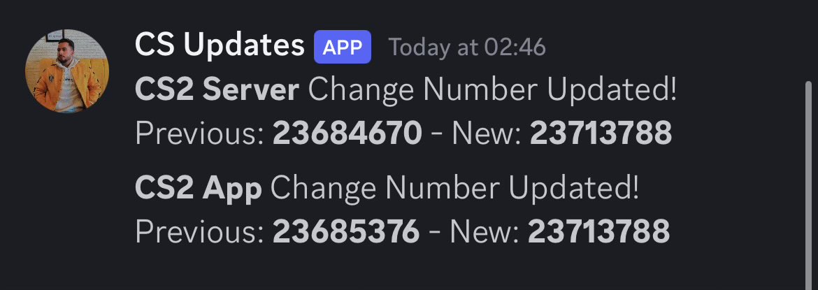 CS2 Dev Server and App change number updated. I do not expect any update tonight, maybe working on for future updates.