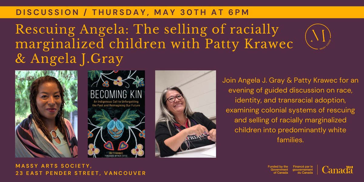 Join Massy Arts, Angela J. Gray & Patty Krawec this Thursday May 30th from 6-8pm for an evening of guided discussion on race, identity, and transracial adoption. Register here: bit.ly/4aVKAoX