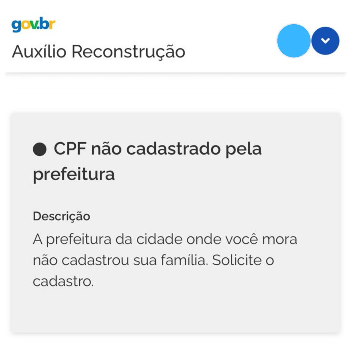 Conforme relatos, inclusive de autoridades locais, a Prefeitura de Porto Alegre não fez o cadastro de NENHUMA família no Auxílio Reconstrução. Pessoas que perderam tudo, em partes por culpa do Prefeito Sebastião Melo, tendo o auxilio de R$5.100 negados por conta da Prefeitura.