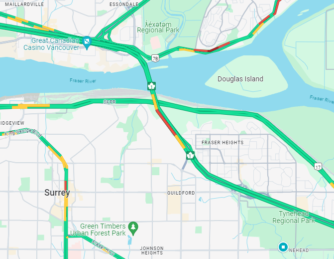 2:25 Update #PortMannBridge Delays starting to form. Stall eastbound at the east end, right #BCHwy1 lane is blocked with no crews on scene. @MainroadLM @DriveBC