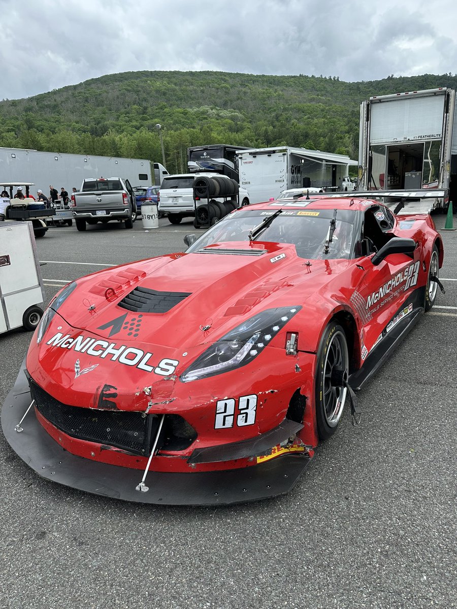 Well, today wasn’t our day @GoTransAm @limerockpark. Avoided @ChrisDyson16 spin in turn 1, then got caught in a line of GTs that checked up with nowhere to go. Damage forced a pit stop and tire change on the @mcnicholsco #23. Battled back to P5TA/P7 overall. On to @PittRace🇺🇸