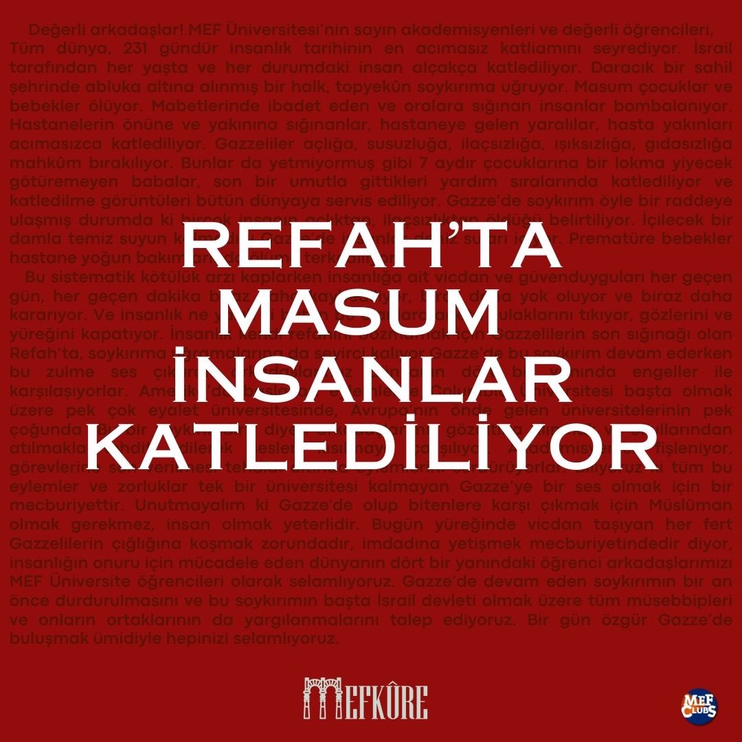 _mefmefkure's tweet photo. İnsanlığa karşı suçlar ve savaş suçunun işlendiği, uluslararası hukukun hiçe sayıldığı ve tüm dünyanın izlediği bir soykırıma daha fazla sessiz kalmamak için tüm vicdan sahibi yetkilileri barışı sağlamak adına harekete geçmeye davet ediyoruz.

#rafahonfire https://t.co/eCJeU61rUo