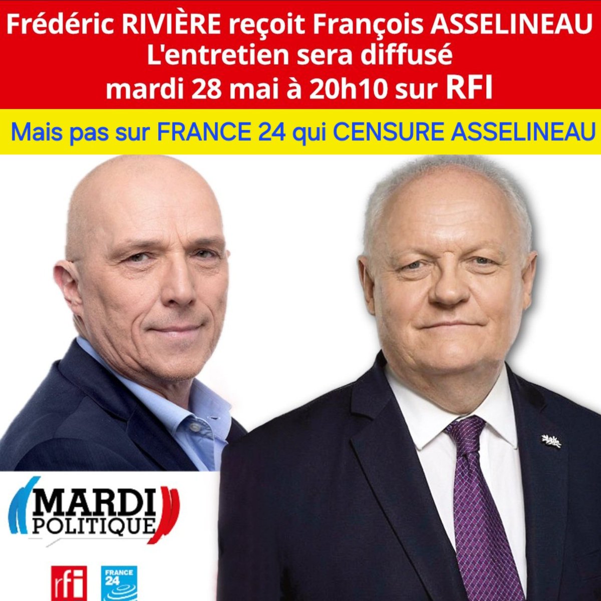 Je suis l'invité de Frédéric Rivière sur Radio France International ce mardi 28 mai à 20h10.
L'entretien portera essentiellement sur le Frexit.
🤬CENSURE
La chaîne France 24,qui diffuse d'habitude cette émission en même temps, refuse exceptionnellement de le faire ce soir.