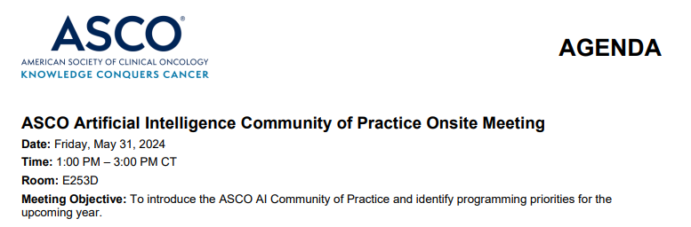 New #AI initiative @ASCO: Check out the first meeting of the #AI Community of Practice (#CoP) this Friday #ASCO24! We're gathering a community of clinicians, researchers, implementers, & educators looking to integrate AI responsibly in #oncology practice. conferences.asco.org/am/communities…