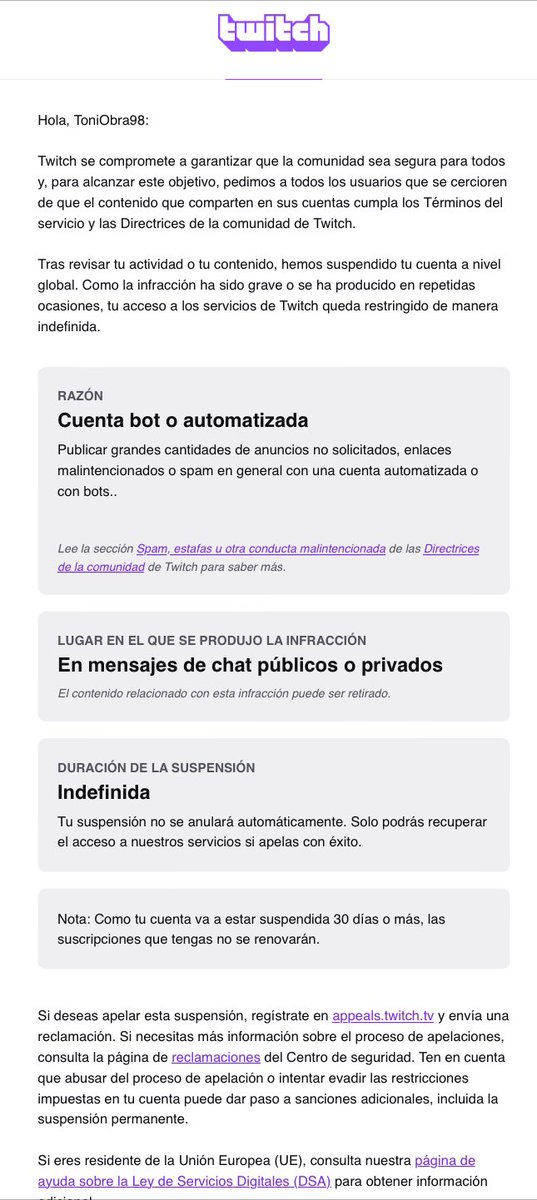 Resulta k voy a entrar a mi canal de <a href="/TwitchES/">Twitch ES</a> y no puedo. Miro el correo y Ohh sorpresa! Me han suspendido la cuenta por bot o automatización de no se k!!! No he hecho absolutamente nada de nada, ya me conocéis! Que puedo hacer??? A alguien le ha pasado así sin más? 😱