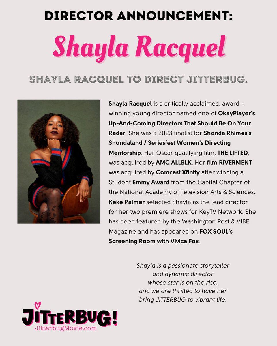 . <a href="/ShaylaRacquel/">Wild & Fluorescent ✨</a> will direct Jitterbug. Shayla is a finalist for <a href="/shondarhimes/">shonda rhimes</a> <a href="/shondaland/">shondaland tv</a>  Seriesfest Women's Directing Mentorship; a John Singleton EmbRACE Initiative winner of <a href="/PAFFNOW/">Pan African Film & Arts Festival</a> + finalist for @nbaf Horizon Grant for Emerging Black Artists. Welcome, Shayla!