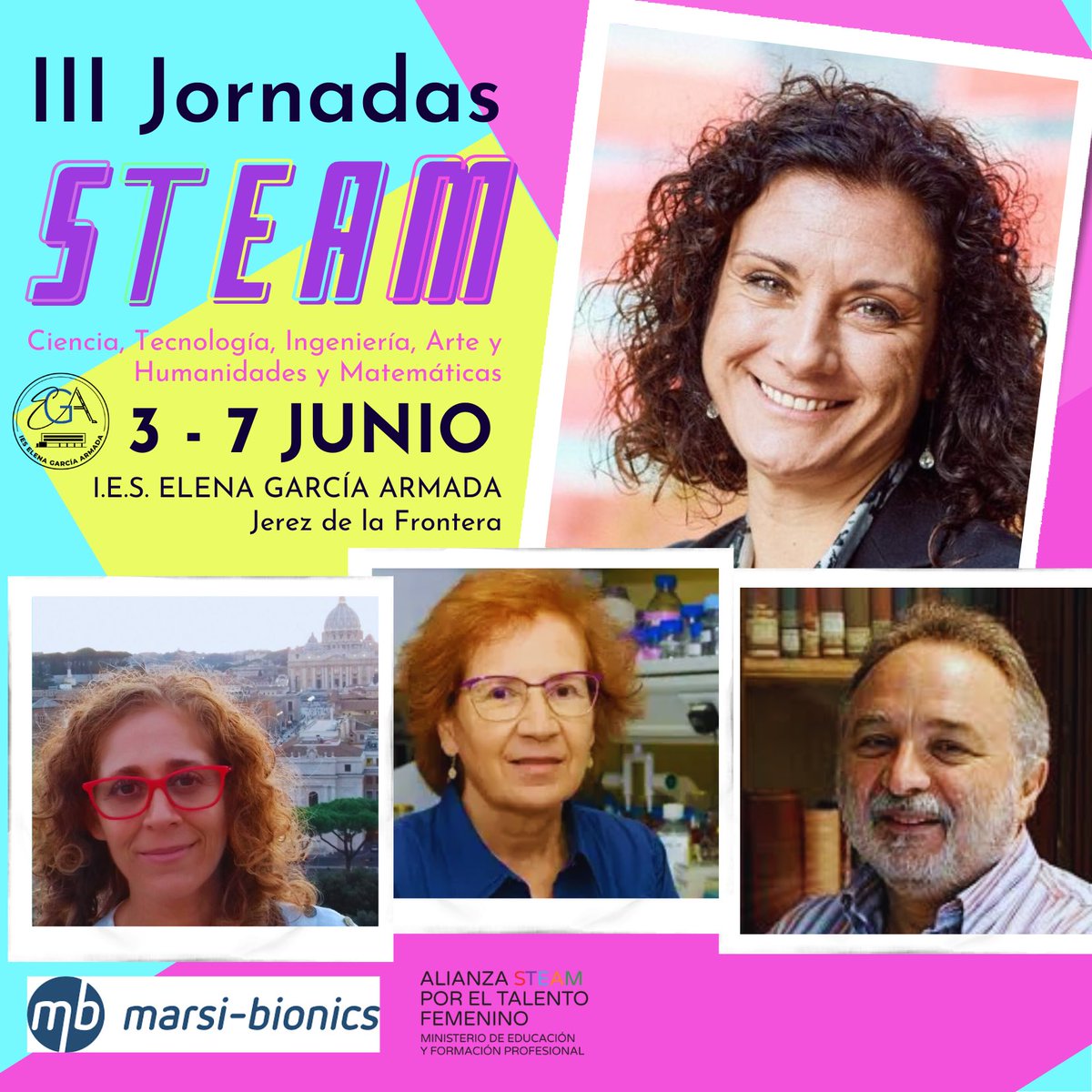 IESElenaGA's tweet photo. ¡Ya están aquí! Del 3 al 7 de junio celebraremos las III Jornadas STEAM en nuestro centro y contaremos con la visita de Elena García Armada, Margarita del Val y Enrique J. de la Rosa. 
@educaand @educaciongob @cepdejerez #IIIJornadasSTEAM #steam https://t.co/HeQYp5Hw5L