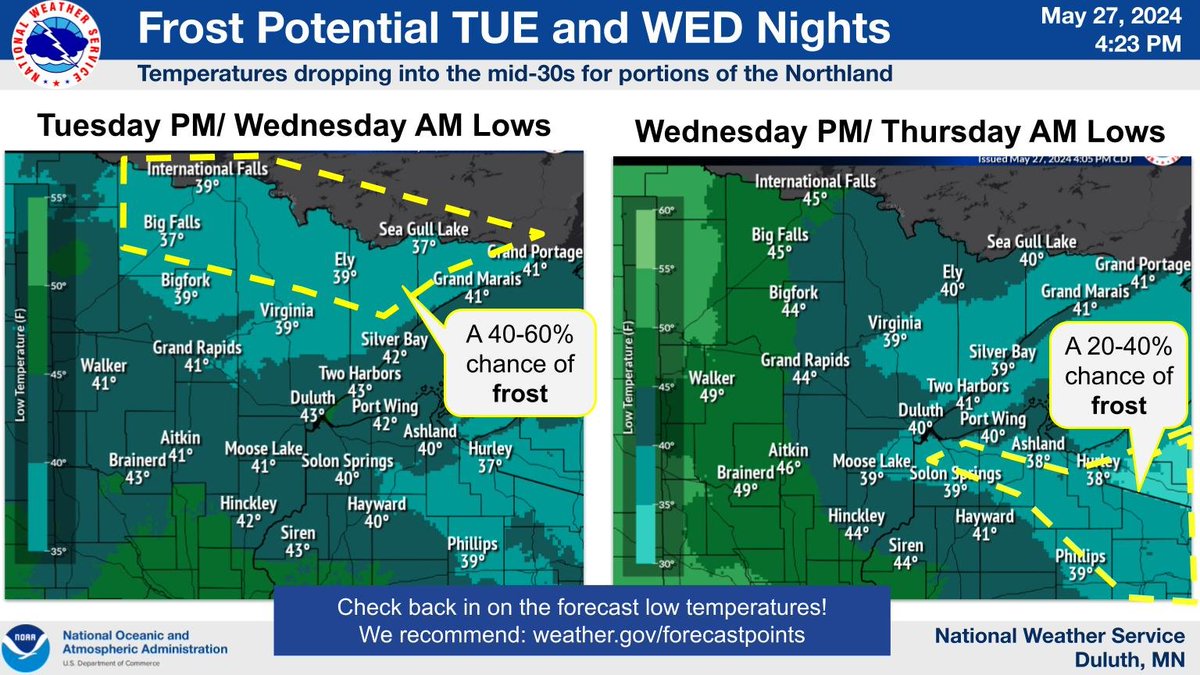 Temperatures are expected to drop into the mid 30s for far northern MN tomorrow night/Wed AM, and for the Arrowhead and parts of northwest WI Wed. night/Thu. AM. These temperatures may lead to frost development. Keep updated on this over the next few days! #mnwx #wiwx