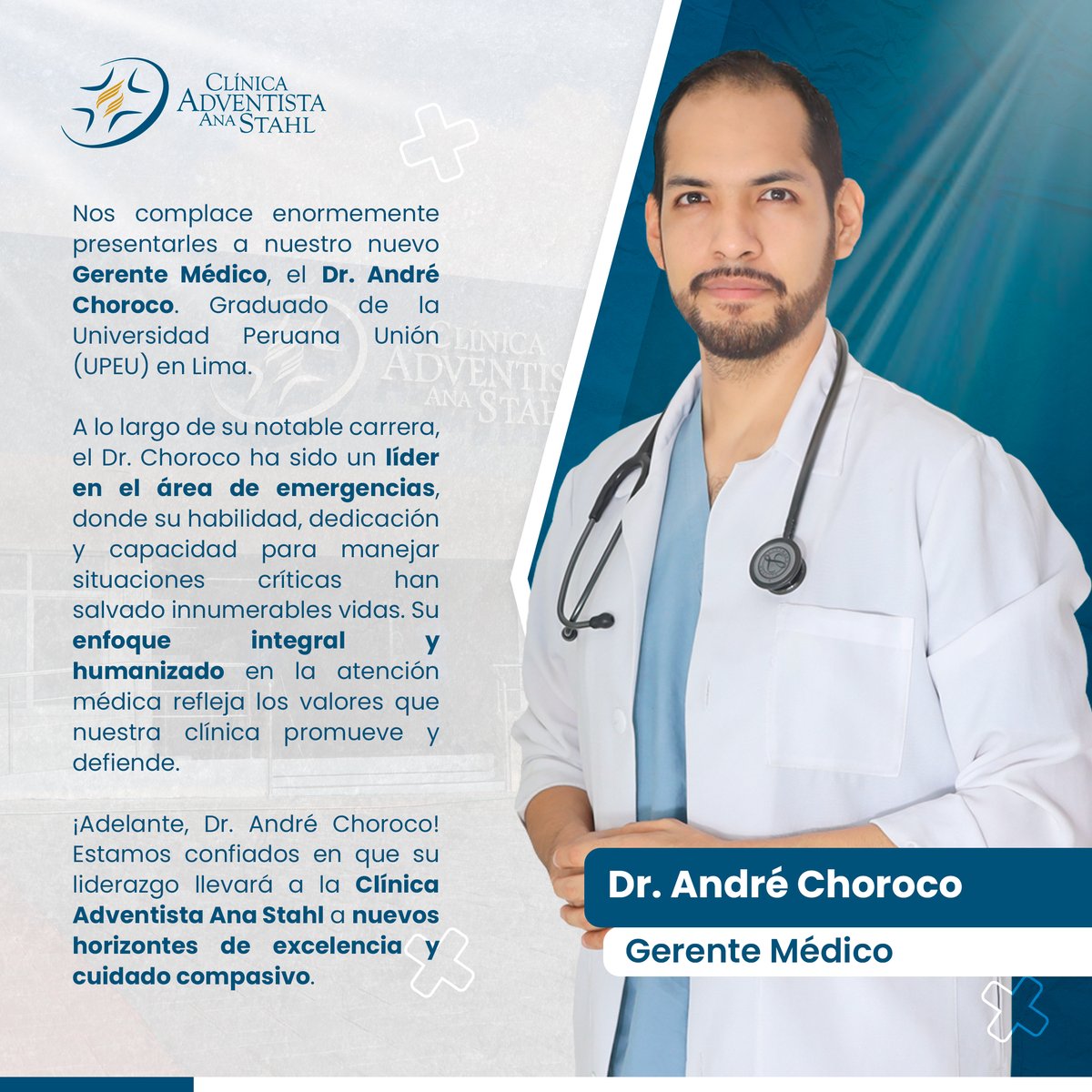 ✅ Nos complace anunciar que el Dr. Andrés Choroco ha asumido el cargo de Gerente Médico en la Clínica Adventista Ana Stahl. Su dedicación y arduo trabajo han sido fundamentales para el crecimiento y la excelencia de nuestra institución.