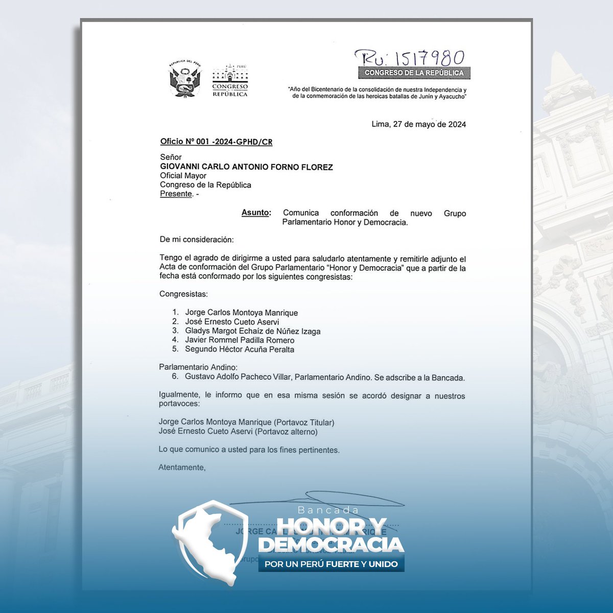#AlertaLegislativa: Se crea nueva bancada denominada “Honor y Democracia”. La integran: José Cueto, Jorge Montoya, Javier Padilla, Gladys Echaiz y Héctor Acuña.