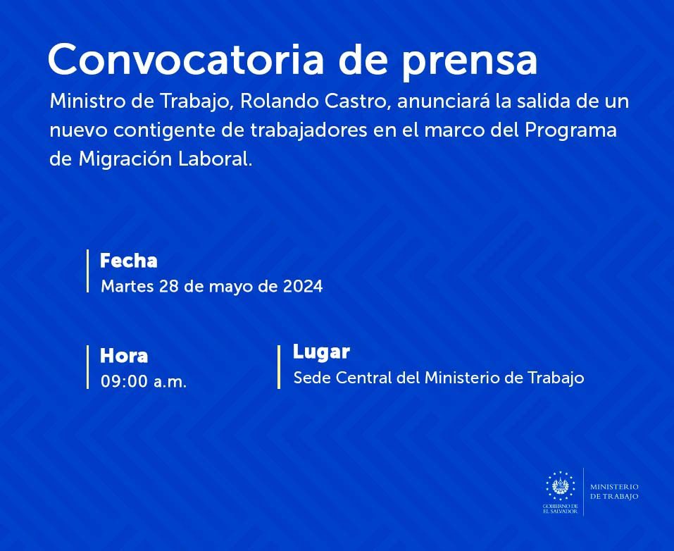 ASTRAMSindical's tweet photo. El Ministro de Trabajo, @RolandoCastroSv, anunciará mañana la salida de un nuevo contingente de trabajadores en el marco del Programa de Migración Laboral. 

Esta iniciativa es parte de los esfuerzos continuos del Ministerio para crear oportunidades laborales significativas y transformar las vidas de aquellos que más lo necesitan.

Con acciones concretas, el Ministerio de Trabajo de El Salvador sigue demostrando su compromiso con el bienestar y progreso de la fuerza laboral del país.