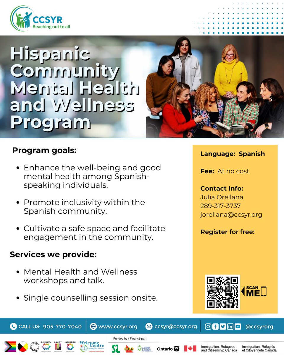 We are introducing Mental Health and Wellness program for the Hispanic community starting this month. Email us at jorellana@ccsyr.org today to book a session and boost your well-being! #spanishcommunity #ccsyr #yorkregion #counsellingservices #communityengagement