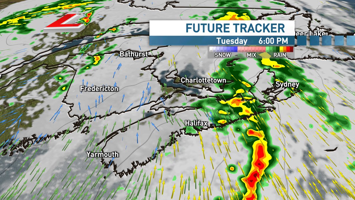 Incoming system looks set to bring 10-30 mm for southern Nova Scotia and southwestern New Brunswick. Higher amounts possible locally in thunderstorms. 
Lesser amounts of 5-10 mm for northeastern areas.
Southerly winds will gust 50-60 km/h on Tuesday as well. 
#nsstorm #nbstorm