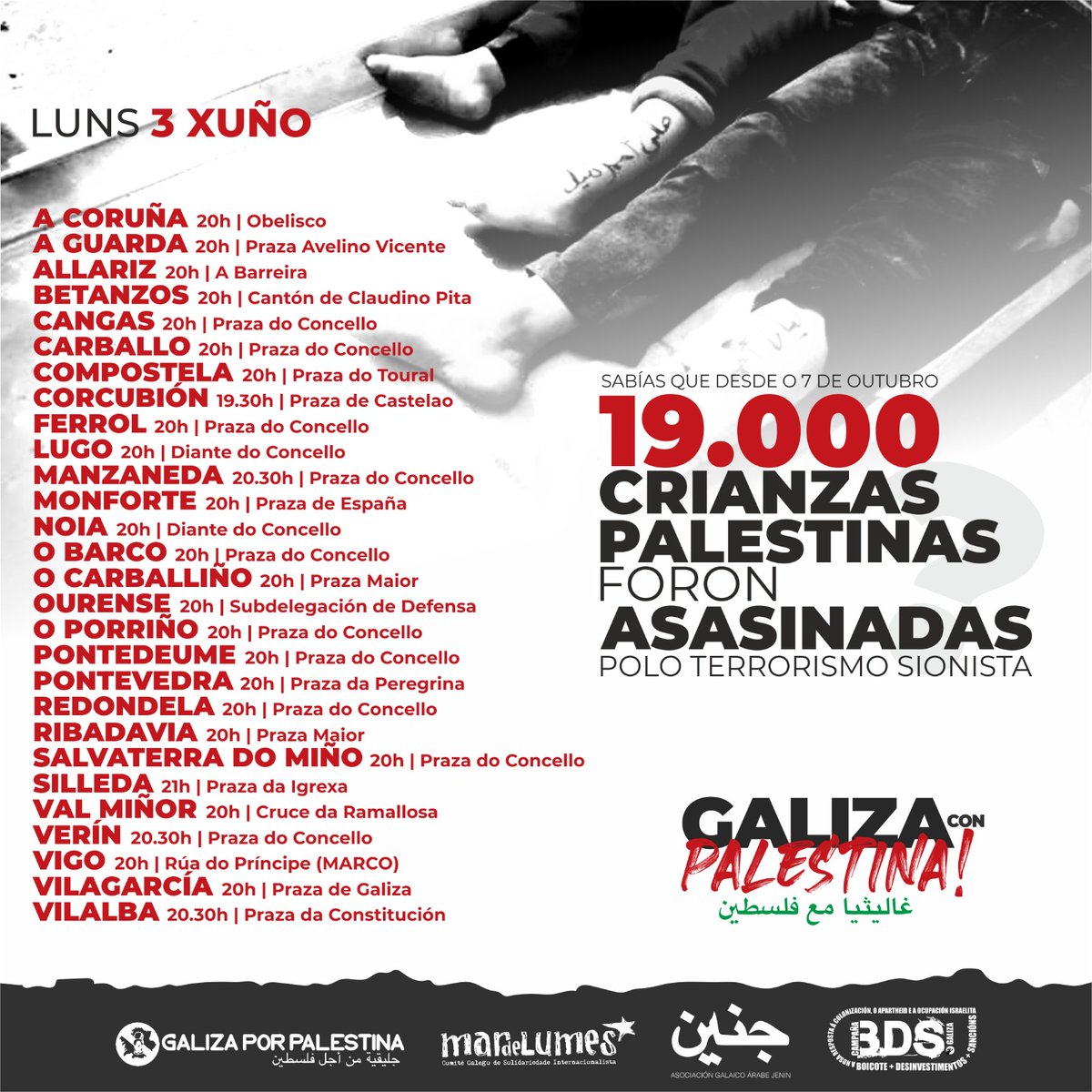 galizapalestina's tweet photo. 📣 Israel non vai parar o xenocidio en curso, hai que paralo! As mobilizacións sociais teñen a capacidade de mudar o discurso político e presionar aos gobernos para que actúen con sancións  ante os crimes do sionismo. 
Este 3 de xuño concentracións por #Palestina.
#Palestinalibre https://t.co/nU3an5OefB