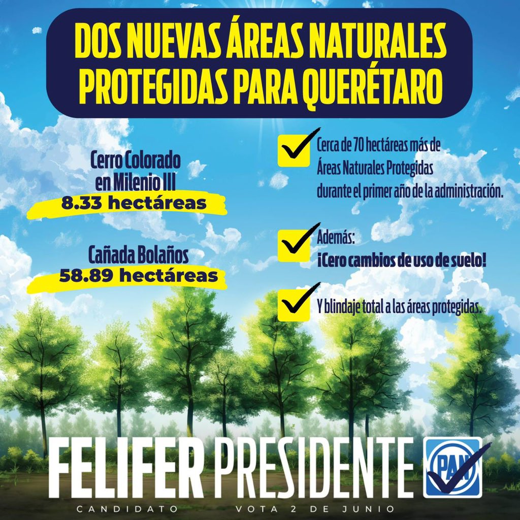 ¡Construyamos juntos un futuro más verde y sustentable para nuestra ciudad! 

Mi compromiso es crear dos nuevas áreas naturales protegidas en Querétaro, con el fin de preservar nuestra biodiversidad y cuidar el medio ambiente.

#FeliferPresidente