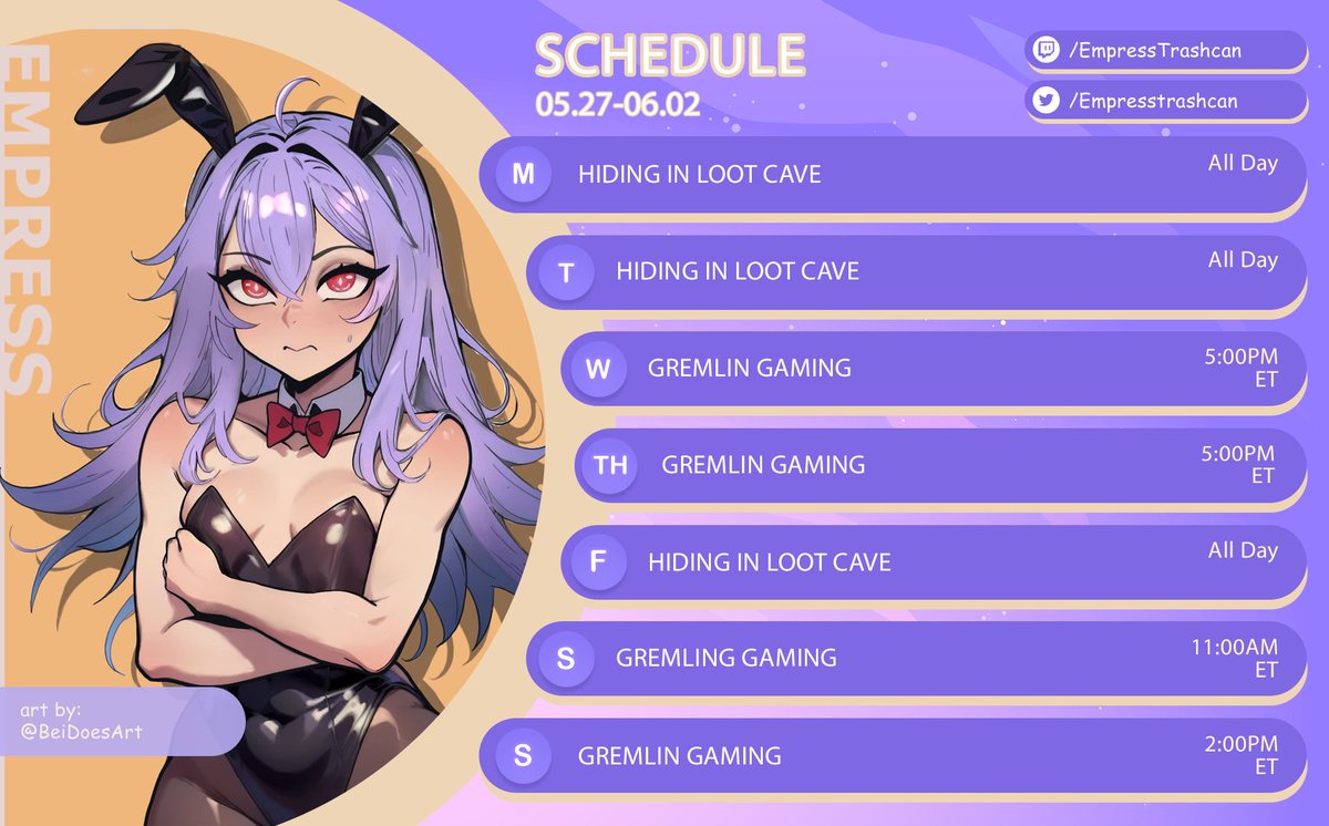EmpressTrashcan's tweet photo. This week's schedule :> https://t.co/XvkDLqYXUX