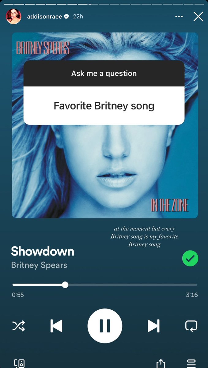breatheonmiley's tweet photo. Addison Rae reveals Showdown is her favorite Britney Spears song at the moment. 

“Every Britney song is my favorite Britney song.” https://t.co/9d662AZ9ia