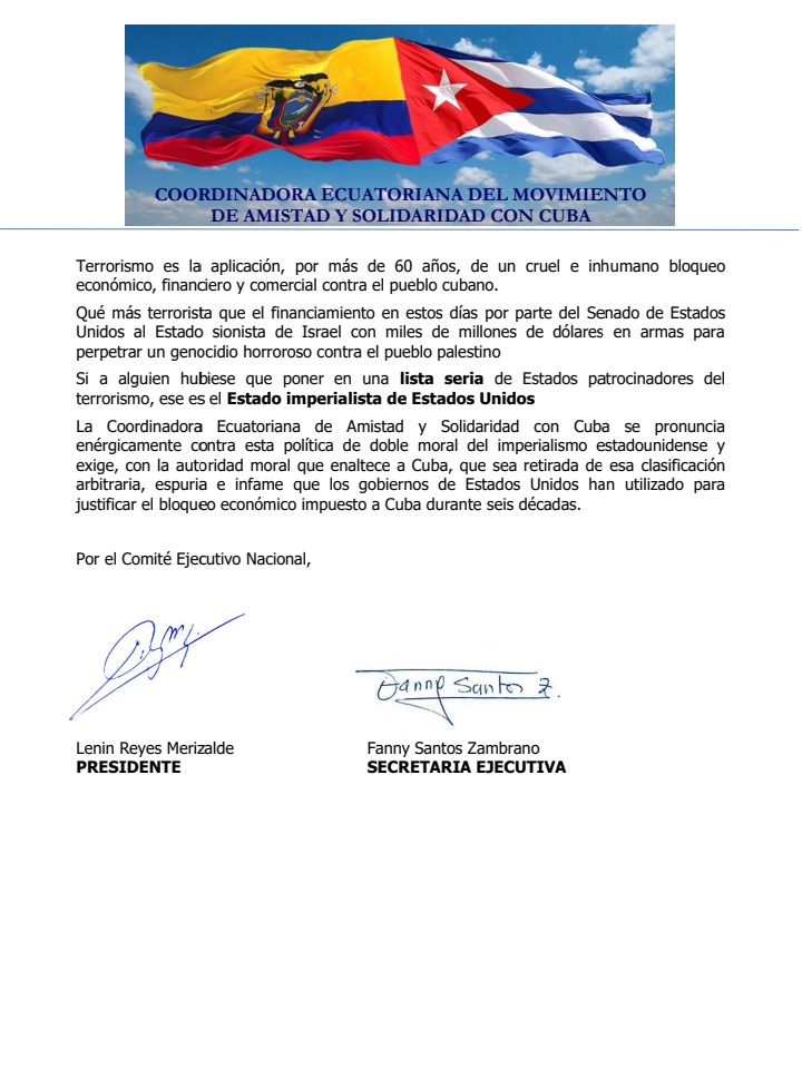 DECLARACIÓN DE LA COORDINADORA ECUATORIANA DEL MOVIMIENTO DE AMISTAD Y SOLIDARIDAD CON CUBA #CubaNoEstáSola