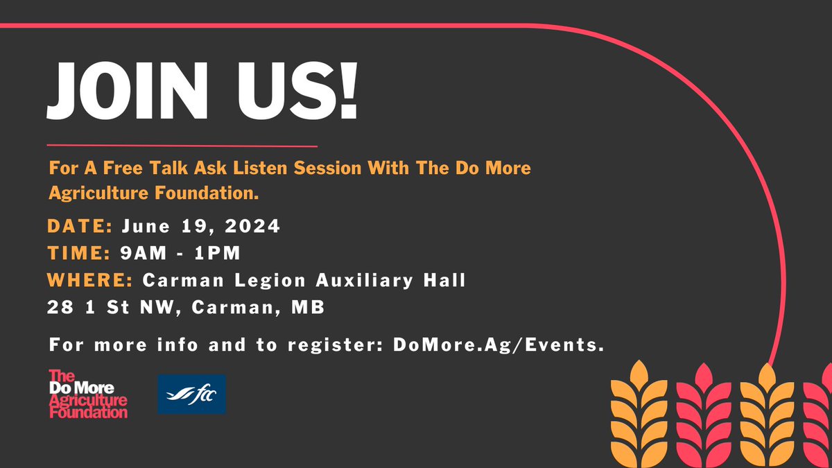 BEaStressExpert's tweet photo. Are you involved in the ag industry? Do you like FREE lunch? How about FREE education?

I'm working with DoMoreAg, running "Talk Ask Listen" - a mental health workshop in Carman! It's FREE.

June 19. Come join us! Register at https://t.co/6gNhvxNAYh https://t.co/1Sy2ONfQM0