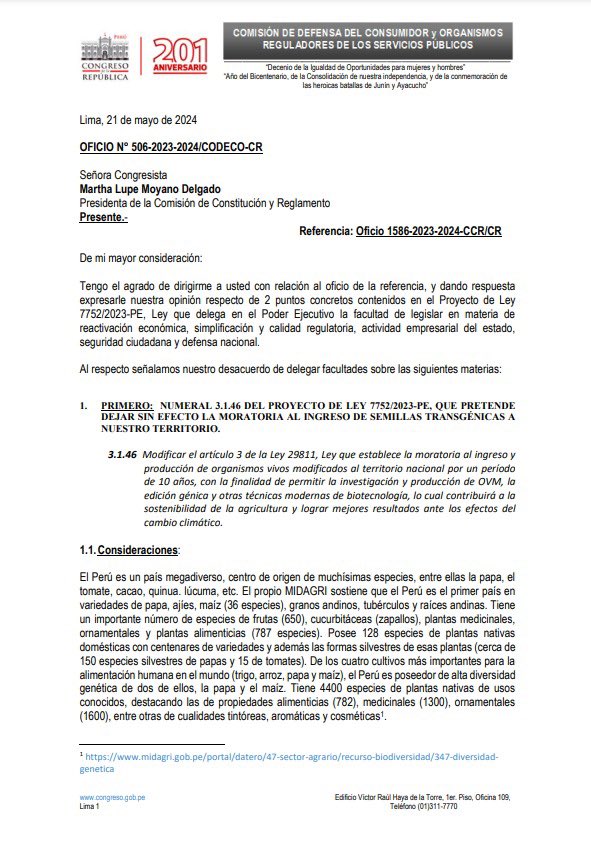 Rechazamos el pedido de facultades para levantar la moratoria de semillas transgénicas. No arriesgaremos nuestra biodiversidad ni el prestigio de nuestros productos orgánicos en el extranjero. En el Perú, podemos mejorar la productividad sin recurrir a los #transgénicos.