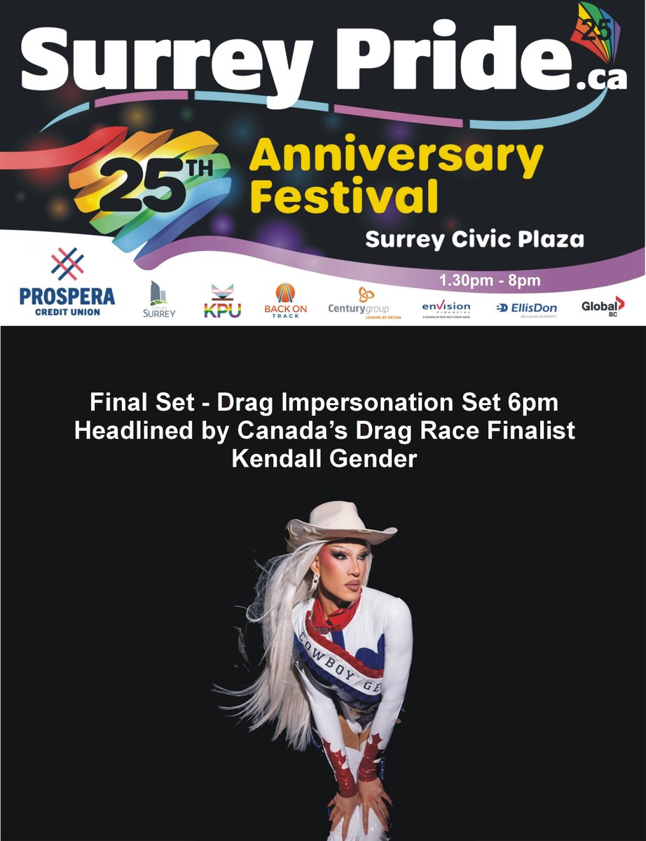 <a href="/SurreyPrideBC/">Surrey Pride</a> thrilled to have <a href="/canadasdragrace/">Canada's Drag Race</a> finalist <a href="/kendallgenderxo/">kendallgender</a> performing at Surrey Pride 25th Anniversary Festival