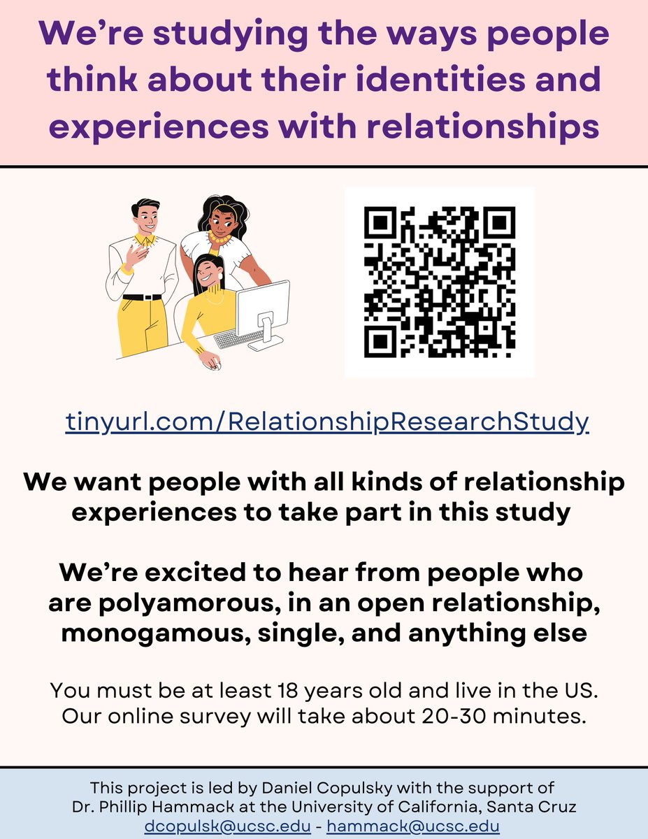 dcopulsky's tweet photo. I’m excited to officially open the Relationships Identity Survey. This research study aims to find out more about the way people think of their identities and experiences with varied forms of intimate relationships. More info on the flyer. Survey here: https://t.co/0bJVoXUrTI https://t.co/Oi0ZpXiuch