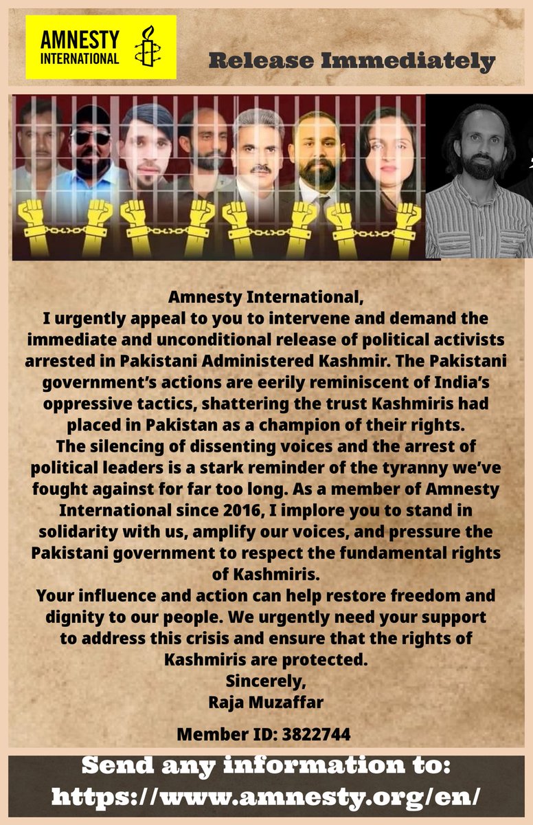 To Amnesty International, @amnestyusa @amnestysasia @MaryLawlorhrds We urgently appeal for your intervention regarding the immediate and unconditional release of lawyers, poets, political activists arrested in Pakistani Administered Kashmir. These actions mirror the oppressive