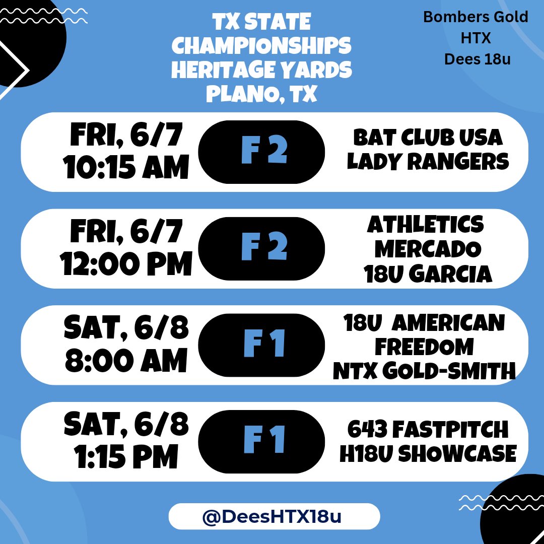 Bombers HTX 18u Dees Pool schedule for Texas State Championships in Plano next weekend June 7-9