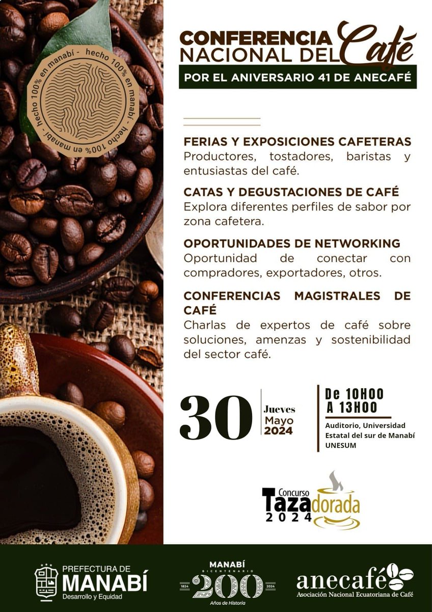 Es un orgullo celebrar nuestros 41 años de vida institucional, invitando a toda la cadena productiva y agroindustrial de café a la Conferencia Nacional de Café 2024.
Los esperamos este día jueves 30 de mayo en el Auditorio de la <a href="/unesumoficial/">Universidad Estatal del Sur de Manabí 🇪🇨</a> Jipijapa.