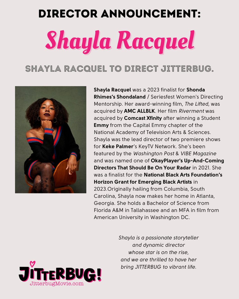 .@shaylaracquel will direct Jitterbug! She's a finalist in <a href="/shondarhimes/">shonda rhimes</a> / <a href="/shondaland/">shondaland tv</a> Seriesfest Women's Directing Mentorship; a John Singleton EmbRACE Initiative project winner @paffnow &amp; finalist for @nbaf Horizon Grant for Emerging Black Artists. Brava Shayla!  #director
26m