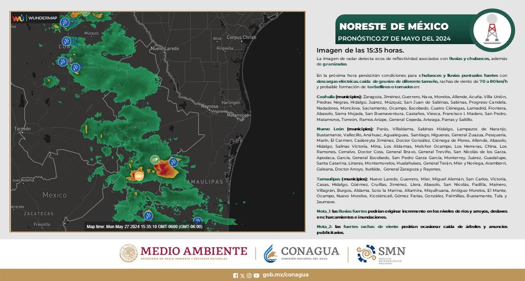 📡 Con base en imagen de radar, en la próxima hora se esperan #Chubascos y #Lluvias puntuales fuertes, así como posible caída de #Granizo y fuertes #Rachas de #Viento en el noreste de #México. ¡Toma tus previsiones! 😯