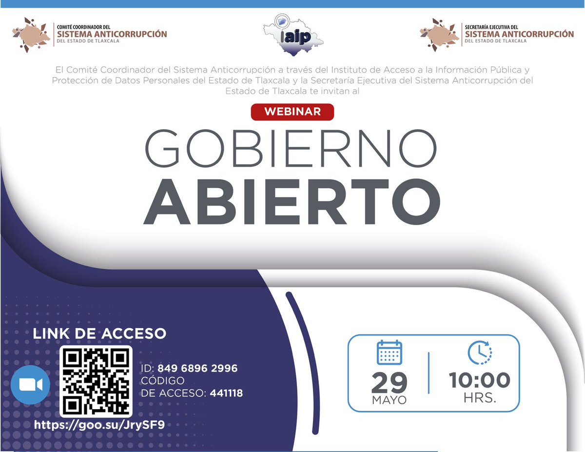El Comité Coordinador, a través del IAIP Tlaxcala realiza la atenta invitación a la videoconferencia de Gobierno Abierto, que impartirá, la Mtra. Blanca Lilia Ibarra Comisionada del INAI, este 29 de mayo de 2024 a las 10:00 hrs
Realiza tu registro en: forms.gle/7nkz6BHcompLYu…