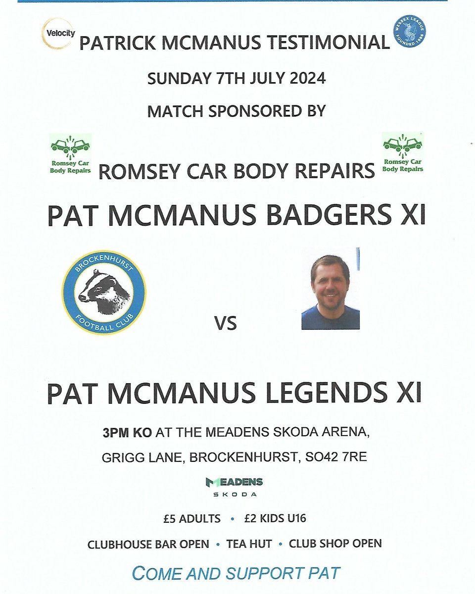 PATRICK MCMANUS TESTIMONIAL @pmcm06 Testimonial Match Sunday 7th July 2024 @Brock_FC Badgers v @Brock_FC Legends @MeadensSkoda Arena 3pm ko £5 Adults & £2 Kids U16 Tickets will be going on sale in the coming days