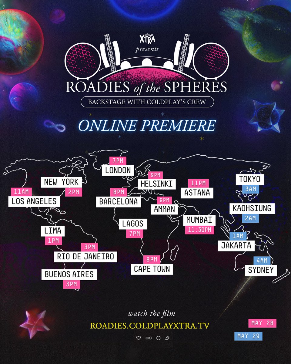 #RoadiesOfTheSpheres: Backstage with Coldplay’s Crew - Online premiere times ⏰📺✨

▶️ roadies.coldplayxtra.tv