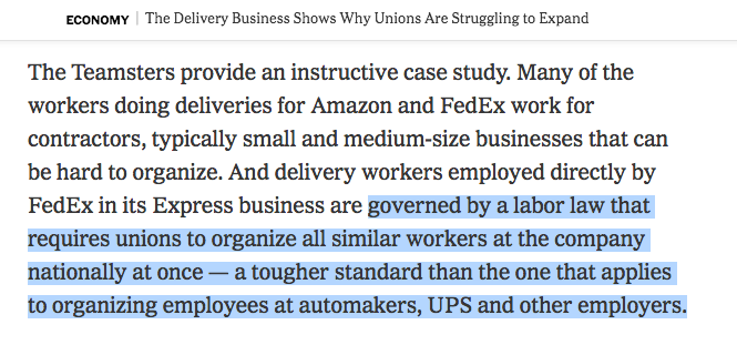 Good piece in NYT explains how Amazon and FedEx can thwart unionization by using independent contractors, hired by delivery service partners (DSPs). Another labor harm from the fissured workplace, on top of wage suppression & lack of security/benefits. 

nytimes.com/2024/05/27/bus…