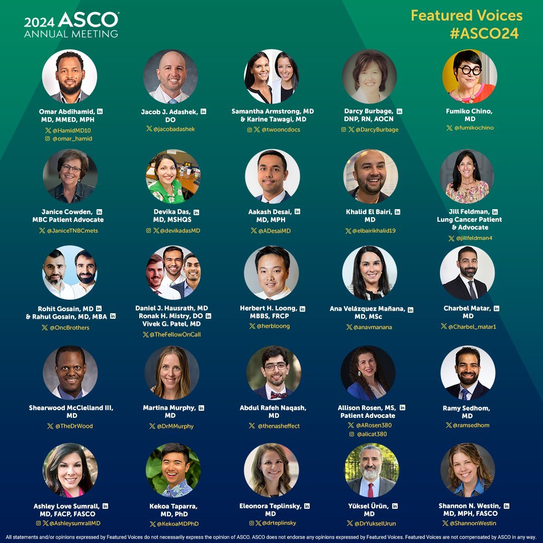 Don't forget to follow these wonderful oncologists, advocates, and researchers !
On my end, I'll be tweeting about ovarian cancer, global oncology, and integrity in cancer science.

#ASCO24 @OncoAlert @oncodaily #onctwitter 
@ASCOTECAG