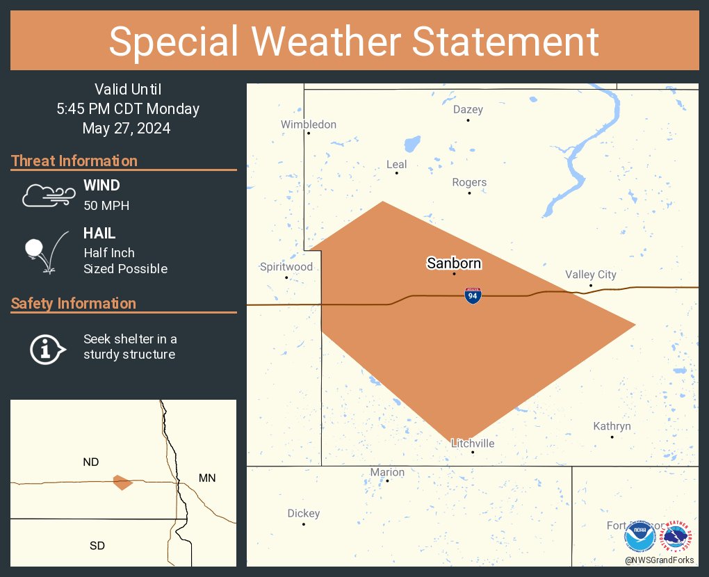 A special weather statement has been issued for Sanborn ND until 5:45 PM CDT