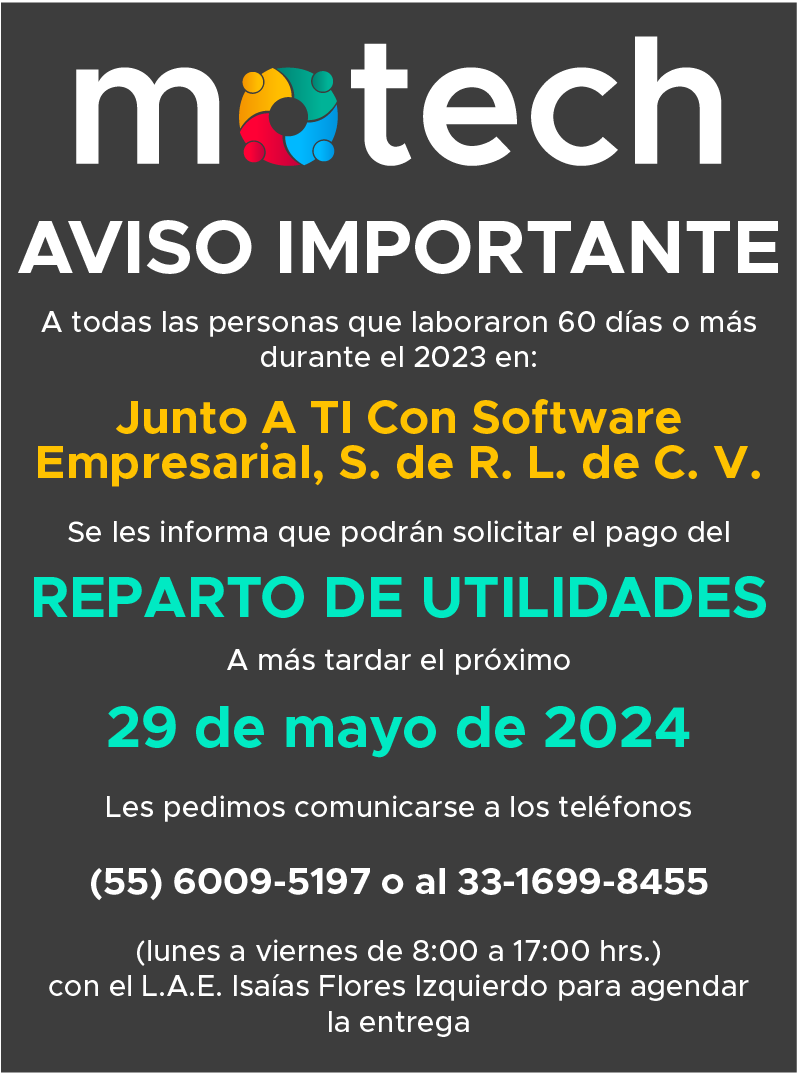 motech_mx's tweet photo. ¡Importante aviso para ex trabajadores de MOTECH! 
El pago de la PTU está disponible para su recolección. 

#MOTECH #PTU https://t.co/AmGGCCdhyA