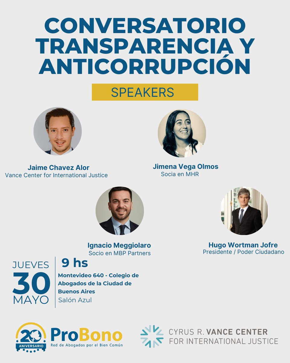 Los invitamos a este panel para conversar sobre el contexto nacional y regional y las conclusiones reveladas por los proyectos "Argentina Transparente" y "Protección a Denunciantes en Argentina", elaborados desde el pro bono en 2023. 

Link de inscripción lnkd.in/dQQd7BKw