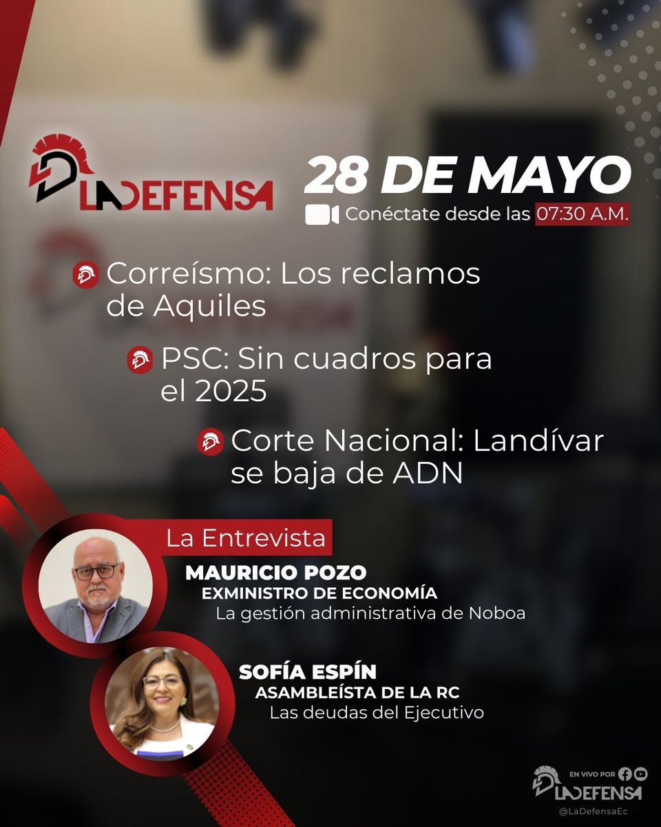 LaDefensaEc's tweet photo. 👉Este martes en #Contralanza, te traemos los reclamos de Aquiles para el #Gobierno, además ponemos nuestra lupa sobre el #PSC, organización política que parece quedarse sin cuadros en el camino hacia Carondelet.
📹Nos acompañan @MauricioPozoEC y @SofiaEspinRC.
⏰No te pierdas el desarrollo de nuestro programa, desde las 7h30a.m.